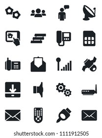 Set of vector isolated black icon - speaking man vector, gear, mail, satellite, office phone, antenna, speaker, remote control, hdmi, sim, download, cellular signal, paper tray, router, intercome