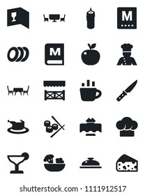 Set of vector isolated black icon - coffee vector, cook, restaurant table, hat, wine card, menu, reception, cocktail, salad, plates, candle, cafe, alcove, chicken, knife, sushi, apple fruit, cheese