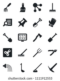 Set of vector isolated black icon - document search vector, drawing pin, job, garden fork, shovel, farm, rake, watering, pruner, glove, hoe, axe, monitor pulse, themes, cut, ladle, social media