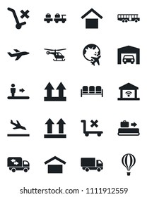 Set of vector isolated black icon - arrival vector, baggage conveyor, airport bus, escalator, waiting area, larry, helicopter, plane globe, car delivery, warehouse storage, up side sign, no trolley