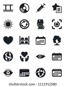 Set of vector isolated black icon - sun vector, luggage storage, circle chart, tree, heart, syringe, hand, eye, term, film frame, network, favorites list, id, book, calendar