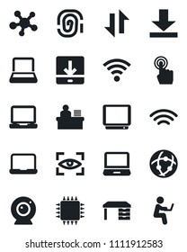 Set of vector isolated black icon - desk vector, tv, touch screen, laptop pc, share, network, data exchange, download, wireless, manager, notebook, chip, web camera, eye scan, fingerprint, man with