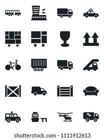 Set of vector isolated black icon - airport bus vector, waiting area, alarm car, ladder, helicopter, building, ambulance, bike, truck trailer, delivery, sea port, container, consolidated cargo