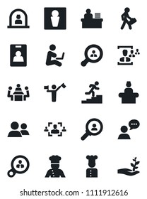 Set of vector isolated black icon - dispatcher vector, male, reception, speaker, group, identity card, hr, manager desk, meeting, career ladder, client search, cook, consumer, man with notebook