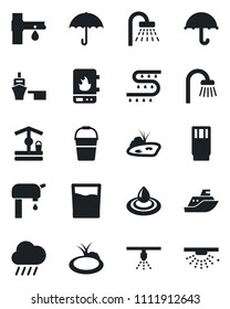 Set of vector isolated black icon - shower vector, bucket, rain, well, pond, drip irrigation, sea shipping, port, umbrella, water supply, bathroom, drink, heater, sprinkler