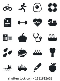 Set of vector isolated black icon - pumpkin vector, seeds, heart pulse, diagnosis, stethoscope, dropper, patch, ambulance car, barbell, bike, run, implant, diet, hospital, pool, salad, bread