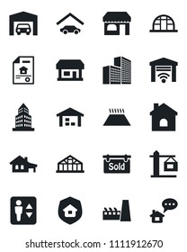 Set of vector isolated black icon - elevator vector, shop, house, greenhouse, store, office building, with garage, warehouse, estate document, sold signboard, crane, factory, insurance, warm floor