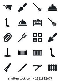 Set of vector isolated black icon - trowel vector, farm fork, rake, wheelbarrow, pruner, saw, scalpel, cargo container, rack, application, paper clip, dish, ladle, radiator