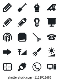 Set of vector isolated black icon - right arrow vector, ladder car, bulb, pencil, garden fork, shovel, rake, hdmi, brightness, fingerprint id, cellular signal, presentation board, ink pen, plan, pc