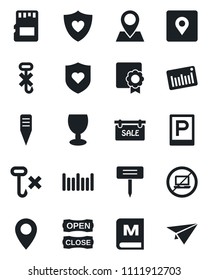 Set of vector isolated black icon - parking vector, no laptop, plant label, heart shield, pin, fragile, hook, barcode, sd, place tag, sertificate, sale, menu, open close, paper plane