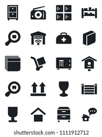 Set of vector isolated black icon - safe vector, checkroom, bird house, doctor case, container, fragile, cargo, warehouse storage, up side sign, search, rack, radio, blank box, archive, home message