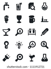 Set of vector isolated black icon - bulb vector, blood test vial, thermometer, fragile, search cargo, torch, document, water supply, alcohol, cocktail, phyto bar, beer, energy saving, consumer, idea
