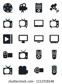 Set of vector isolated black icon - tv vector, reel, satellite, video camera, remote control, monitor