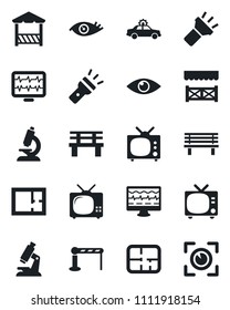 Set of vector isolated black icon - barrier vector, tv, alarm car, bench, monitor pulse, microscope, eye, torch, plan, alcove, scan