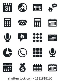 Set of vector isolated black icon - calendar vector, circle chart, microphone, menu, calculator, phone, home message, money bag