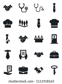 Set of vector isolated black icon - medical room vector, handshake, team, tie, document, stethoscope, meeting, cook hat, case