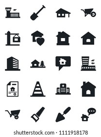 Set of vector isolated black icon - border cone vector, airport building, office, trowel, shovel, wheelbarrow, saw, house, hospital, with garage, tree, estate document, sweet home, crane, message