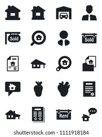 Set of vector isolated black icon - house vector, real heart, contract, with garage, estate document, rent, sold signboard, search, agent, home message