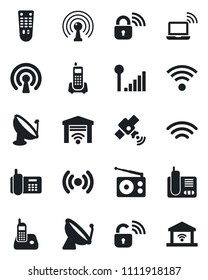Set of vector isolated black icon - satellite antenna vector, wireless notebook, office phone, radio, remote control, cellular signal, lock, garage gate