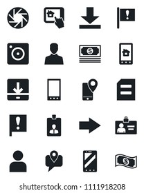 Set of vector isolated black icon - right arrow vector, mobile phone, identity card, document, important flag, cash, tracking, camera, user, download, home control app