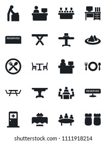 Set of vector isolated black icon - cafe vector, baby room, medical, desk, meeting, manager place, picnic table, restaurant, serviette, reserved, salt and pepper