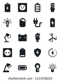 Set of vector isolated black icon - bulb vector, battery, low, protect, charge, desk lamp, windmill, socket, power plug, energy saving, idea