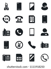 Set of vector isolated black icon - phone vector, no mobile, office, 24 hours, support, cell, radio, back, call, sim