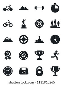 Set of vector isolated black icon - pedestal vector, medal, barbell, bike, run, heavy, clock, stopwatch, target, mountains, award cup