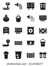 Set of vector isolated black icon - trash bin vector, bucket, watering, truck trailer, cargo container, consolidated, package, oil barrel, heavy scales, railroad, archive box, water filter