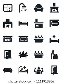 Set of vector isolated black icon - baby room vector, bed, shower, meeting, fireplace, hospital, plan, rent, rooms, cushioned furniture, door