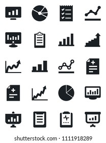 Set of vector isolated black icon - growth statistic vector, monitor, diagnosis, pulse clipboard, statistics, bar graph, pie, checklist, point, presentation
