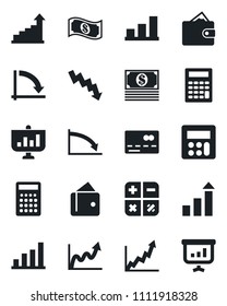 Set of vector isolated black icon - credit card vector, growth statistic, calculator, crisis graph, bar, wallet, cash, presentation