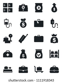 Set of vector isolated black icon - suitcase vector, baggage conveyor, trolley, luggage storage, scales, checkroom, case, money bag, fertilizer, doctor, dropper