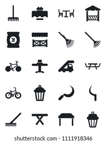 Set of vector isolated black icon - cafe vector, ladder car, rake, sickle, garden light, picnic table, fertilizer, bike, restaurant, alcove, outdoor lamp
