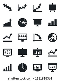 Set of vector isolated black icon - growth statistic vector, presentation board, crisis graph, circle chart, monitor pulse, statistics, bar, pie, point
