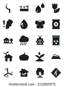 Set of vector isolated black icon - tree vector, butterfly, lady bug, seedling, water drop, rain, sickle, pumpkin, seeds, fertilizer, tulip, house with, windmill, mountains, eco, irrigation