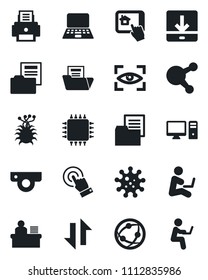 Set of vector isolated black icon - notebook pc vector, virus, folder document, network, touch screen, share, data exchange, download, manager desk, printer, chip, web camera, home control app