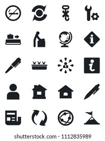 Set of vector isolated black icon - baggage conveyor vector, no smoking, baby room, globe, hierarchy, pen, house, seedling, hook, network, update, user, root setup, news, information, motivation
