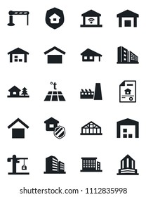 Set of vector isolated black icon - barrier vector, greenhouse, warehouse storage, house with garage, tree, estate document, office building, crane, factory, insurance, warm floor, gate control