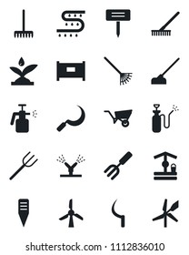 Set of vector isolated black icon - fence vector, garden fork, farm, rake, wheelbarrow, well, hoe, sickle, plant label, sprayer, drip irrigation, windmill