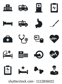 Set of vector isolated black icon - bed vector, medical room, heart pulse, doctor case, stethoscope, blood pressure, scalpel, tomography, ambulance car, hospital, stomach, broken bone, clipboard