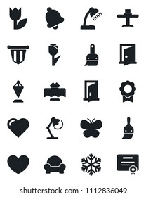 Set of vector isolated black icon - pennant vector, butterfly, heart, tulip, themes, bell, sertificate, desk lamp, cushioned furniture, restaurant table, snowflake, door, certificate