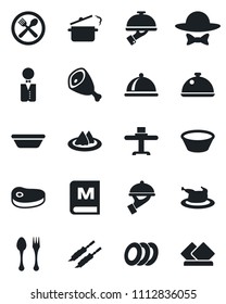 Set of vector isolated black icon - spoon and fork vector, waiter, dish, restaurant table, serviette, cafe, menu, plates, dress code, chicken, steak, kebab, ham, bowl, steaming pan