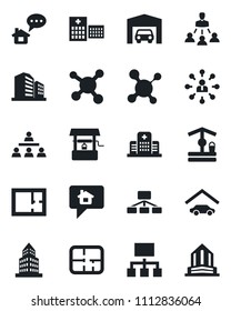 Set of vector isolated black icon - hierarchy vector, well, molecule, hospital, office building, garage, plan, home message