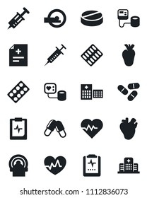 Set of vector isolated black icon - heart pulse vector, diagnosis, syringe, blood pressure, pills, blister, tomography, real, clipboard, hospital