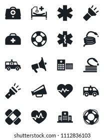 Set of vector isolated black icon - hose vector, heart pulse, doctor case, patch, ambulance star, car, hospital bed, loudspeaker, torch, crisis management