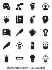 Set of vector isolated black icon - speaking man vector, pen, brainstorm, bulb, dialog, wine card, hot dog, energy saving, shining head, idea