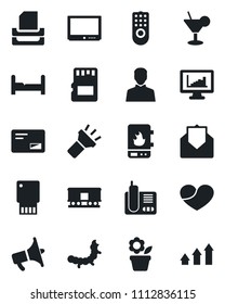Set of vector isolated black icon - flower in pot vector, caterpillar, railroad, loudspeaker, tv, radio phone, heart, mail, user, sd, torch, monitor statistics, paper tray, bedroom, cocktail