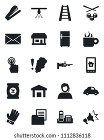 Set of vector isolated black icon - boarding vector, mail, ladder, glove, fertilizer, store, support, car delivery, folder document, warehouse, touch screen, office phone, stapler, coffee, sushi