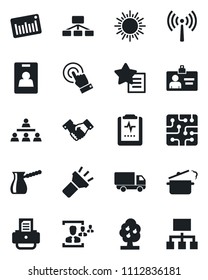 Set of vector isolated black icon - antenna vector, sun, handshake, identity card, printer, pulse clipboard, car delivery, barcode, touch screen, favorites list, torch, hr, hierarchy, fruit tree